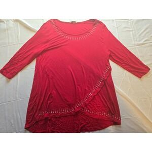 Belldini‎ Red Tunic Top Embellished Rhinestone Scoop Neck Long Sleeve Asymmetric